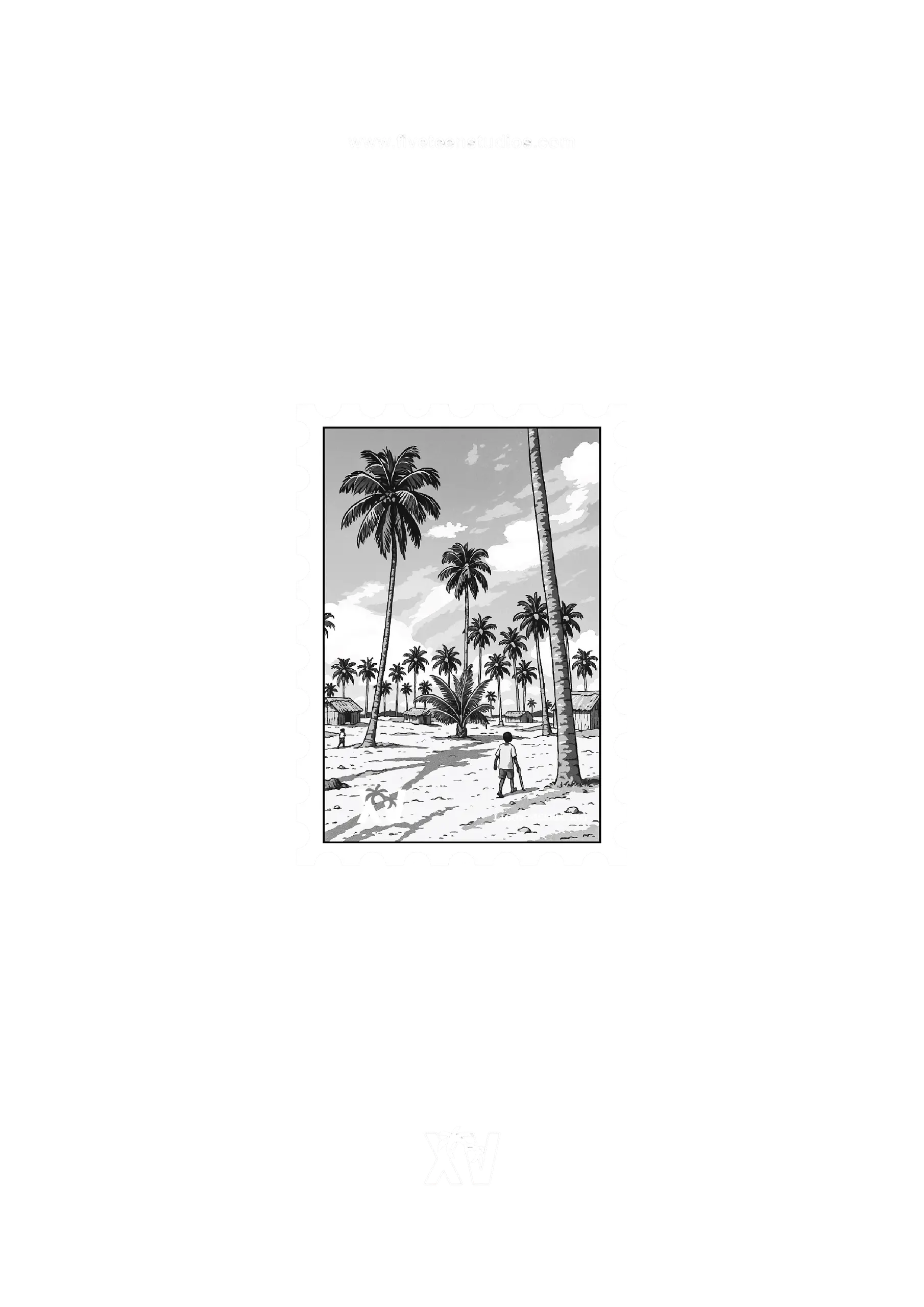 Black-and-white illustrated postage stamp of a palm-lined village road with a child walking